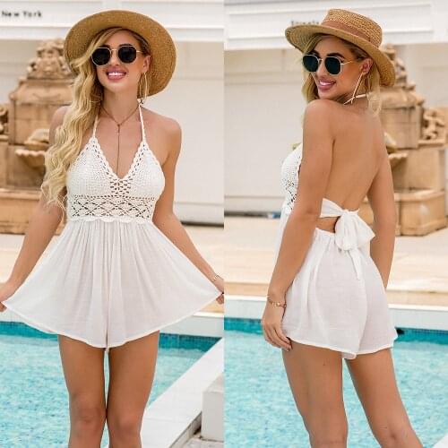 Summer Women Sleeveless Womens Loose Beach Crochet Lace Rompers White Strap Chiffon Beach Rompers Boho Party Sexy Rompers