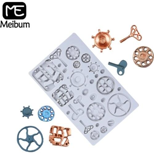 Meibum Mechanical Gear Fondant Silicone Molds Retro Key Mould Cake Decorating Paste Craft Dessert Baking Pastry Form