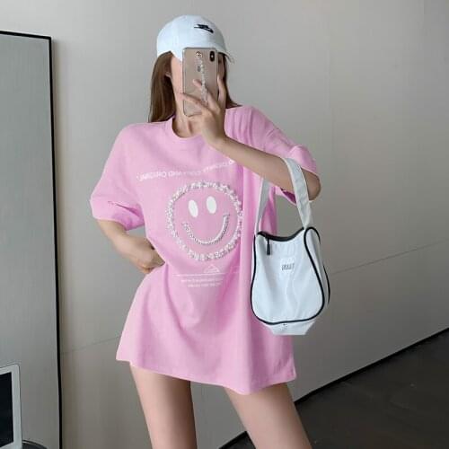 ◆ spot heavy nail bead smiling face loose medium to long leisure pure cotton short-sleeved T-shirt top female fashion