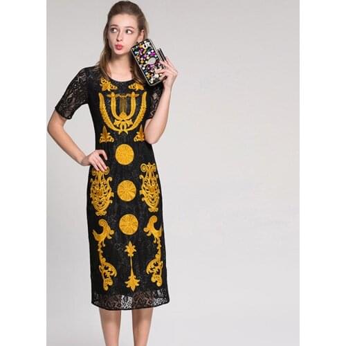 Fashion Lace Runway Women 2021 Summer Shiny Black Vintage Yellow Flower Embriodery Office Ladies Midi Dress