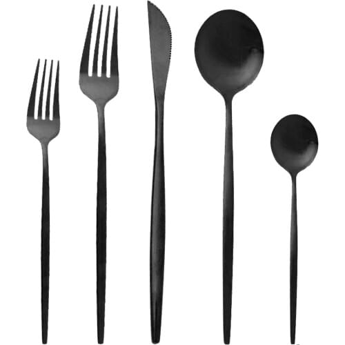 5Pcs Matte Black Dinnerware Set Stainless Steel Cutlery Set Fork Knife Tea Spoon Tableware Set Flatware Set Silverware Set