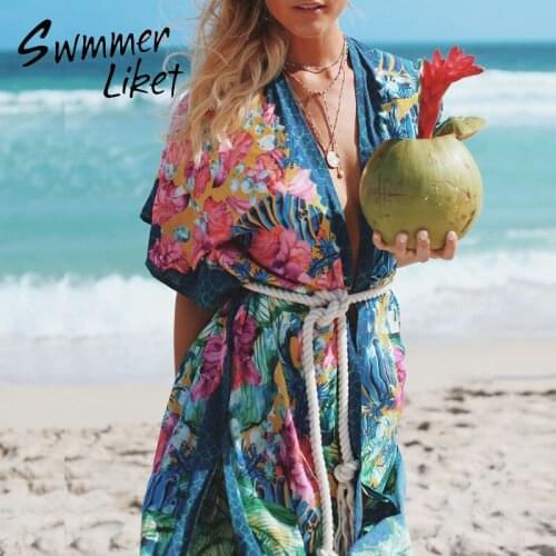 Floral print Cover ups Sexy beach sarong Long beach dress cardigan women Short sleeves swimwear cover up women tunic beach 2020