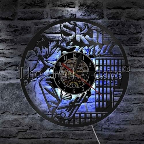 Skateboard Urban Figure Skate Boy Vinyl Record Wall Clock With LED illumination Home Decor For Skater Gift