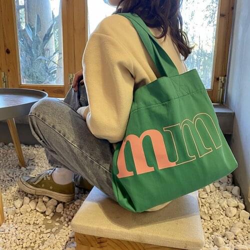 2021 New Korean Women Shouder Shopper Bags Letter Printing Simple Casual Canvas Tote Bags for Lady Cotton Cloth Female Handbags