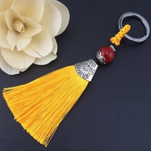 Wholesale 14cm gold yellow Tassel Charms Ice Silk Key Ring With Beads Pendant Key buckle Satin Tassels Jewelry Making 10pcs