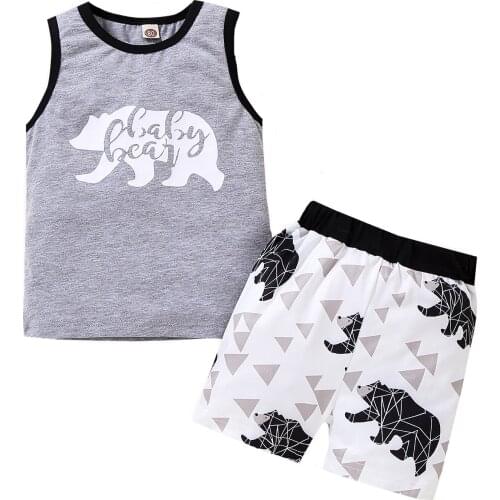 0-5Y Summer Casual Toddler Boys Clothes Set Animal print Sleeveless Tops + Elastic Waist Shorts Clothes Set