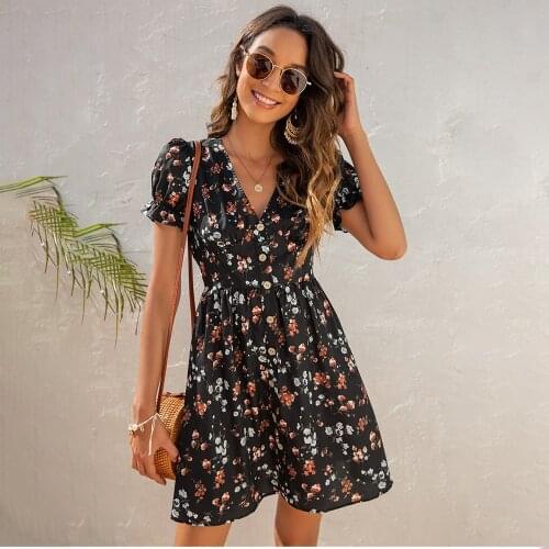 Womans Summer Deep V-neck Print Mini Dress Casual Short Sleeve Button Vestidos Blue A-line Dresses For Women 2021 Robe Femme
