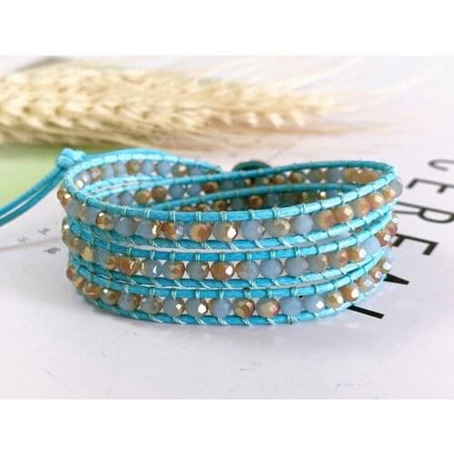 Half Claret Red Faceted Crystal Wrap Bracelet Boho 3Layers Handmade Braided Blue Rope Beaded Bracelets for Girls Female Jewelry