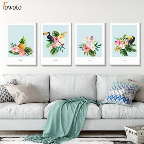 Tropical Pineapple Botanical Prints Woodpecker Poster Watercolor Canvas Painting Nursery Wall Art Wall Pictures for Living Room