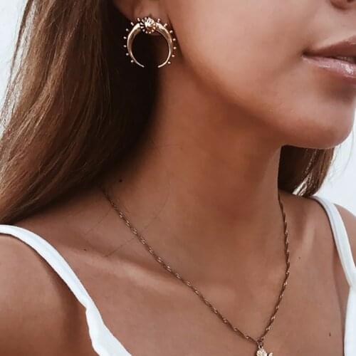 New Vintage Gold Silver Color Crescent Moon Earrings for Women Tribal Antique Brass Moon Horn Stud Earrings Jewelry #258095