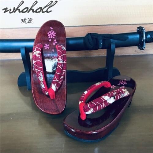 WHOHOLL Summer Slides Women Flip Flops Slippers Japanese Geta Wooden Clogs Cosplay Costumes Shoes Red Indoor Slippers For Female