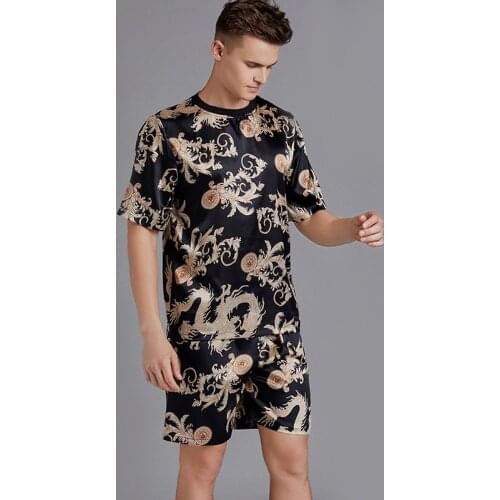 Loose Men 2PCS Silky Satin Pajamas Suit Sleepwear Intimate Lingerie Casual Nightwear Nightgown Silky Kimono Robe Homewear