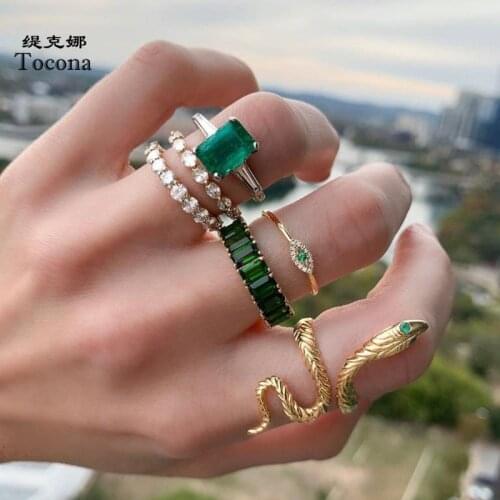 Tocona 6pcs/sets Luxury Green Crystal Stone Snake Ring Sets for Women Men Eyes Gold Alloy Metal Boho Jewelry Anillo 18711