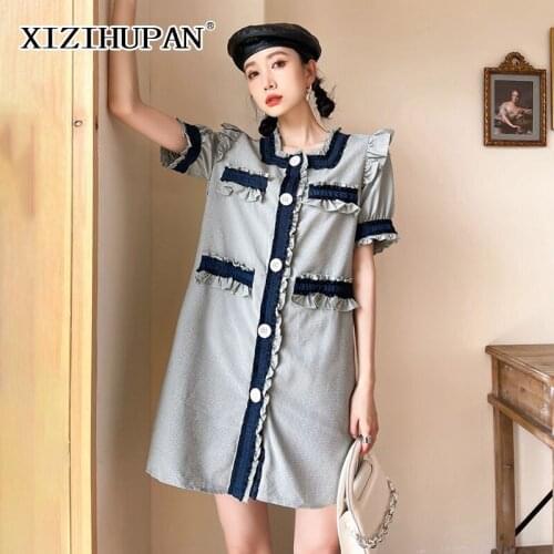 XIZIHUPAN Vintage Hit Color Dress For Women Square Collar Short Sleeve High Waist Patchwork Ruched Mini Dresses Females 2021 New