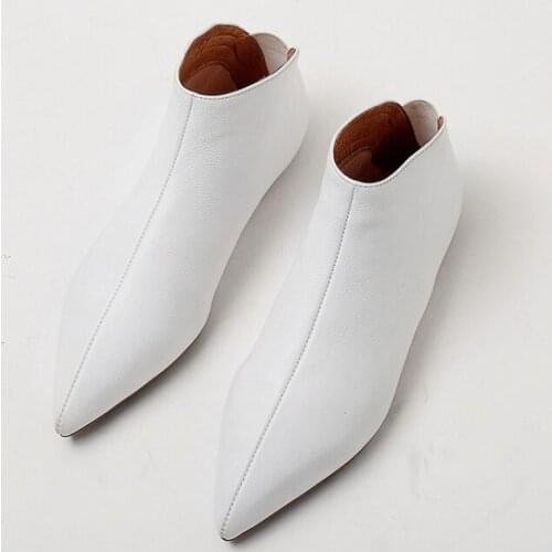 Women Real Leather Ankle Boots Pointy Toe Flat Simple Comfort Pull On Black White Red Shoes L5