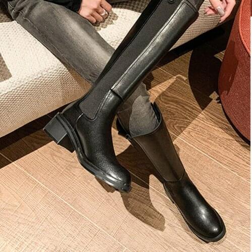 Women New Knee High Boots Female Microfiber Leather Block Heels Shoes Ladies Knitted Zip Keep Warm Comfortable Fashion Long Boot