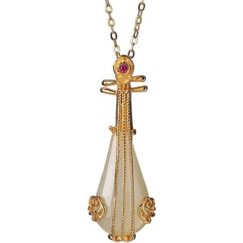 925 sterling silver gold plated Hetian jade Qiemo blue National style pendant temperament personality pipa ladies pendant