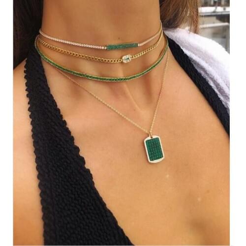 2019 summer new baguette cubic zirconia tennis cz choker necklace chain for women rainbow green cz paved layer fashion jewelry