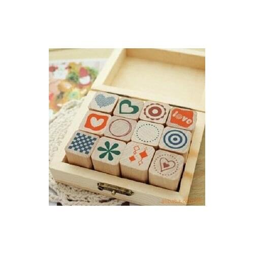 12pcs/set New Creative novelty wood box Diary rubber stamp set stamps Decorative DIY zakka school stationery(ss-1520)