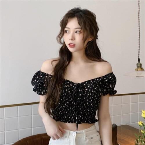 Fashion Women Summer Blouse Wrinkled Puff Sleeve Floral V Neck Waist Tight Crop Tops blouses for women female