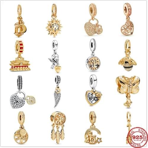 925 Sterling Silver Gold Charm Sparkling Family Tree Dangle fit Original Pandora charms Silver 925 Bracelet DIY Women Jewelry
