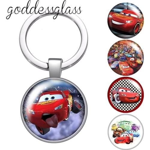 Disney Pixar McQueen Mater Jackson Matt glass cabochon keychain Bag Car key chain Ring Holder Charms keychains gift