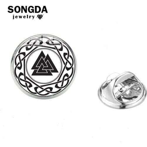 SONGDA Viking Valknut Talisman Stainless Steel Lapel Pins Norse Viking Rune Triangle Shape Printed Round Brooch Shirt Collar Pin