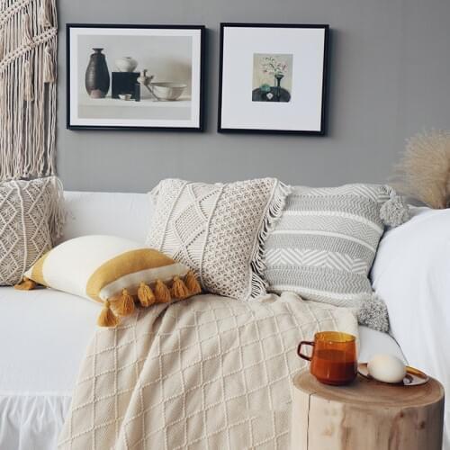 Handmade Cotton Cushion Cover with Tassels Knitted Embroidery Home Decoration Pillow Cover Sofa Pillowcase Pillow Sham 30x50cm