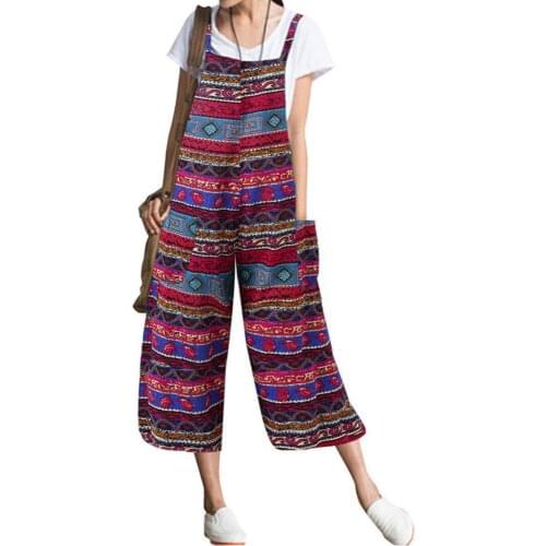 Fashion Women Summer Retro Sleeveless Printed Pockets Bib Overall Jumpsuit Wide Leg Capri Pants Casual Rompers Jumpsuit for Wome