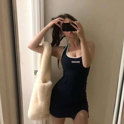 Summer Spring Halter Collar New Fashion Side Split Street Wear Women Girls Mini Vest Dress