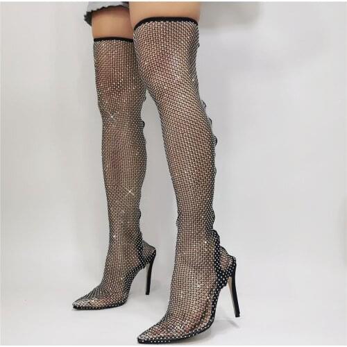 Hot Woman Black Bling Bling PVC Clear Sequins Diamond Fishnet Cuts Out Pointed Toe Heel-Strap Over The Knee Thigh Socks Boots