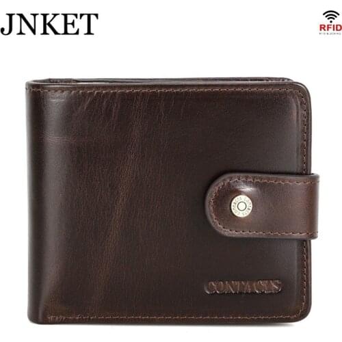 JNKET New Retro Mens Cowhide Wallet RFID Blocking Wallet Short Wallet Three Folded Clutch Wallet Card Holder Wallet Notecase