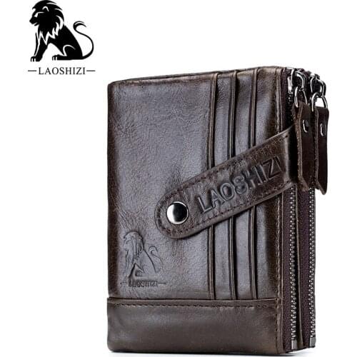 Genuine Leather Wallet Cowhide Leather Men Wallets Double Zipper Short Purse Coin Pockets Anti RFID Card Holders Wallet Men