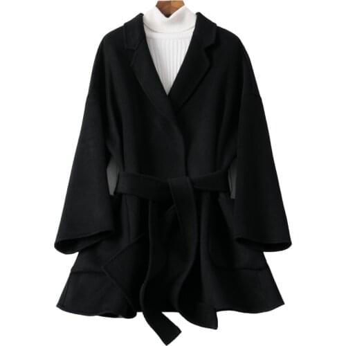 Autumn Double-faced Woolen Coat Female Wool Coats Black Short Belt Jackets for Women Manteau Korean Clothes Manteau Femme Gmm104