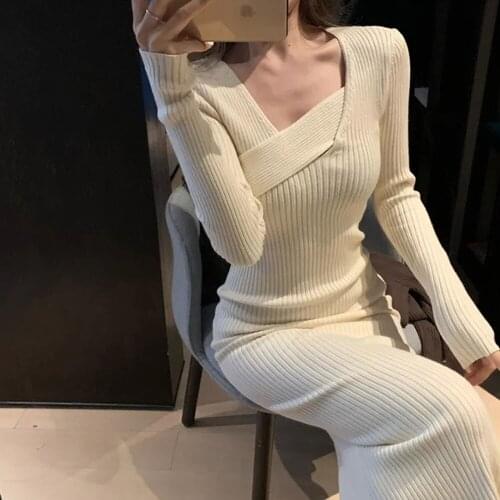 Women Slim Sexy Split Sweater Dress Long Sleeve V-neck Korean Elegant Knit Dresses Autumn Winter Basic Bottoming Dress Vestidos