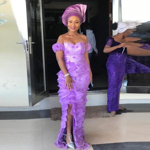 Puffy Tulle Aso Ebi Lace Dresses Detachable Sleeve Purple Long Women Prom Dress Strapless Sexy Arabic South Afraic Evening Gown