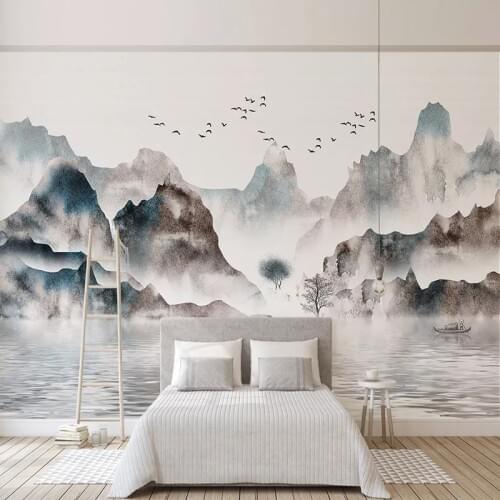 Custom Self-Adhesive Waterproof Canvas Mural Wallpaper 3D Chinese Style Ink Landscape Wall Sticker Living Room Study Wall Papers