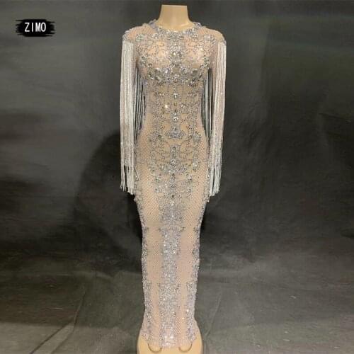 Sexy sparkle Rhinestone Black tassel mesh See Through Birthday outfits Celebrate Dress Prom Outfit Bar Women Dance Dresses club