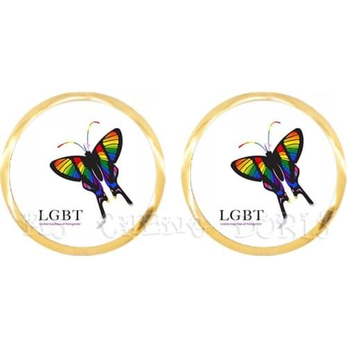 Butterfly Rainbow Earrings For LGBT Glass Dome Gay And Lesbian Pride Jewelry Parade Demonstration Stud Earrings For Women Men