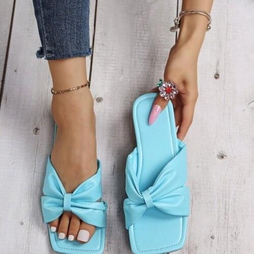 Summer New Slippers Women Vintage Bow Casual Shoes Summer Women Flat Sandals Square Toe Flip Flops Ladies Shoes Size 36-43