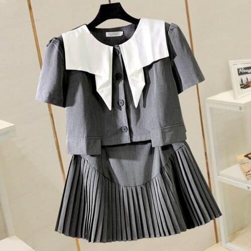 Sweet Style Preppy Style Women Dress Set Summer New Design 2021 Gray Shirts And Pleated Mini Skirts Female Clothing Suits