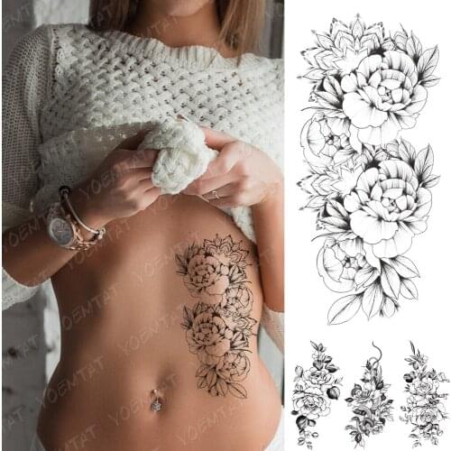 Waterproof Temporary Tattoo Stickers Peony Flower Flash Tattoos Female Minimalist Line Arm Waist Thigh Body Art Fake Tatoo