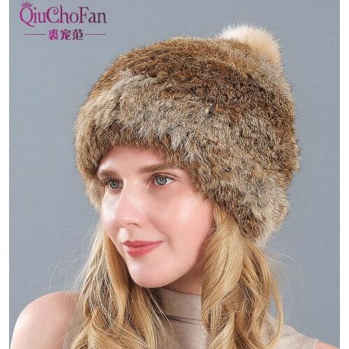 High Quality Fashionable Winter Hats For Women Rabbit Fur Beanie Knitting Wool Real Fur Casual Cute Girls Cap Free Shopping