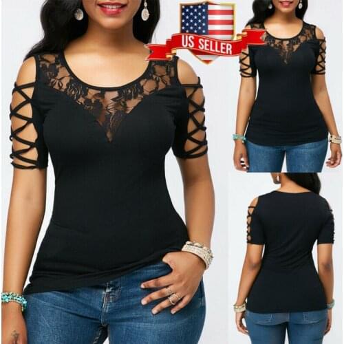 Women Cold Shoulder Summer Fashion Lace Blouse Casual Ladies Sexy Solid Slim Black Shirt Pullover Round Neck Sleeveless Floral