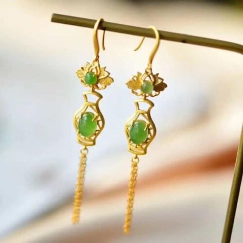 S925 Sterling Silver Gold Plated Hetian Jade Tassel Earrings Womens Long Graceful and Fashionable Gold Plated Jasper Earrings E