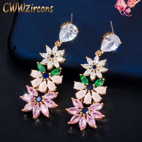 CWWZircons Gorgeous Pink Green Cubic Zirconia Crystal Long Dangle Drop Flower Leaf Earrings Fashion Women Jewelry CZ615