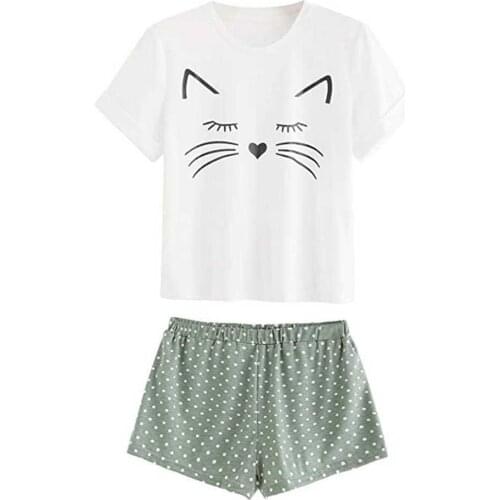 2PCS Women Pajamas Set Sleepwear Cotton Cats Short Sleeve Tops Shorts Sleepwear Sets Pyjamas Women pajamas Kawaii cat Pijama