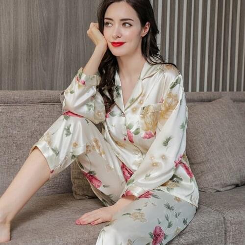 100% Mulberry Silk Pajamas Set For Women 2 Pieces Long Sleeve Top+Pants Pyjamas Printed Female Homewear Sleepwear M-XXL