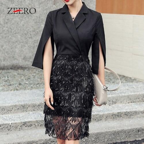 Runway Women Suit Collar Half Sleeve Split Fork Splicing Lace Sequins Tassel Dress High Quality Elegant Midi Dress Office Style