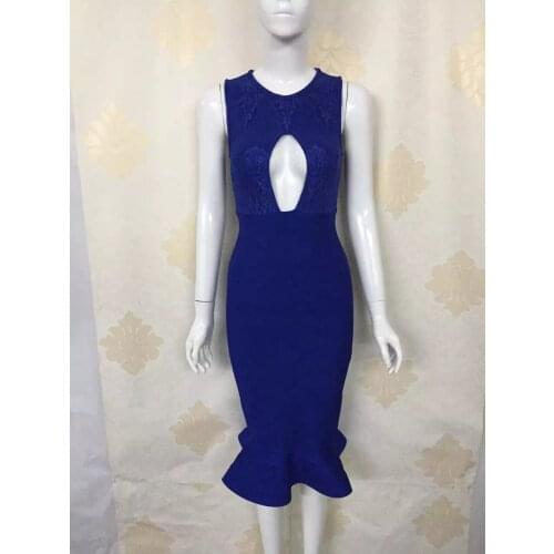 Ruffle Fluted-Hem Knee Length Sleeveless Cut out One Piece Sexy Women Bodycon Bandage Dress Blue Black